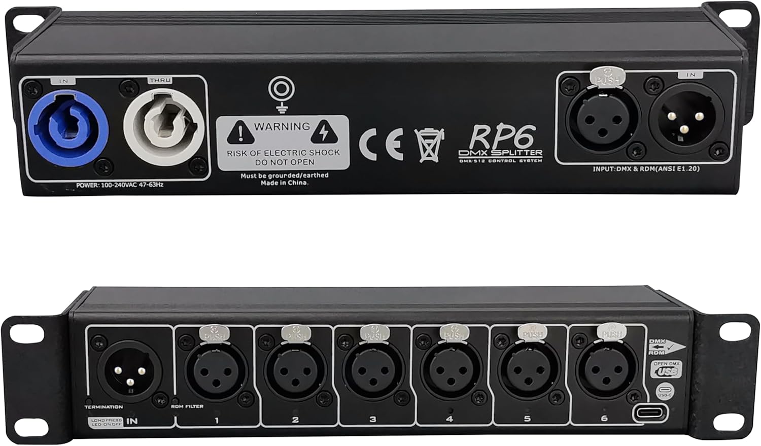 6-port DMX RDM Splitter, Opto-isolated, Open-DMX USB, Power/DMX Through Connectors, Anodized Aluminum 1/2 Rack, 10“/19"Rack/Truss-mount(M10 hole)