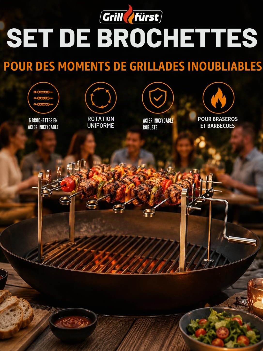 Grillfürst Lot de 6 brochettes universelles pour brochettes et rôtisserie, avec 6 brochettes pour kebab, gyros ou kebab, longueur totale : 45 cm