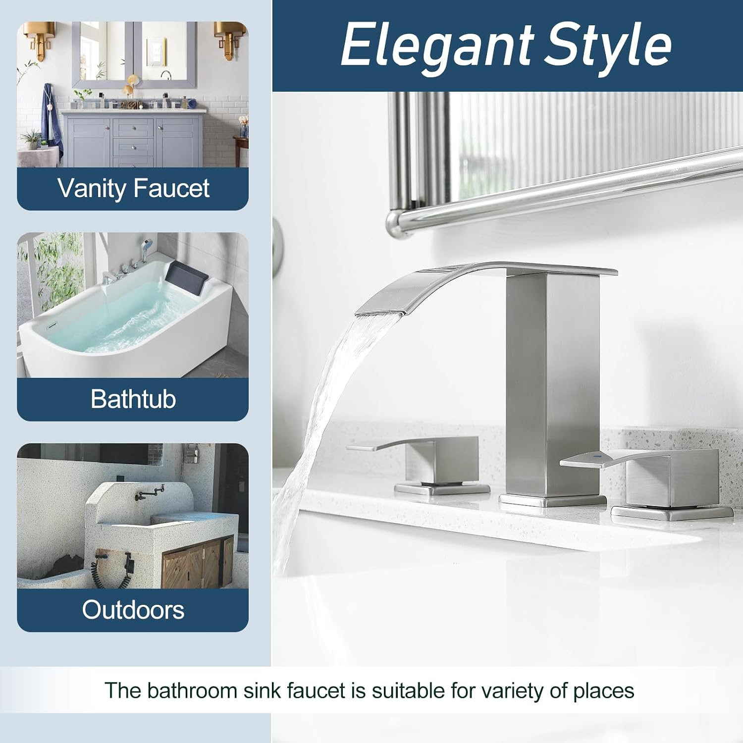 GENBONS Waterfall Bathroom Faucet, 3 Hole Widespread, Brushed Nickel, 8 Inch, 2-Handles, Pop-Up Drain, Modern, Bathroom Sink, Bathtub, Vanity, RV, Farmhouse Sink