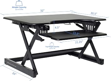 Rocelco 32 Height Adjustable Standing Desk Converter - Sit Stand Computer Workstation Riser - Dual Monitor Retractable Keyboard Tray Gas Spring Assist - Black (R EADRB2)
