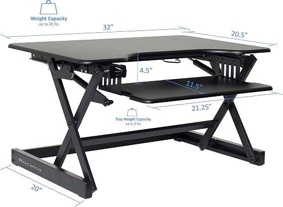 Rocelco 32 Height Adjustable Standing Desk Converter - Sit Stand Computer Workstation Riser - Dual Monitor Retractable Keyboard Tray Gas Spring Assist - Black (R EADRB2)