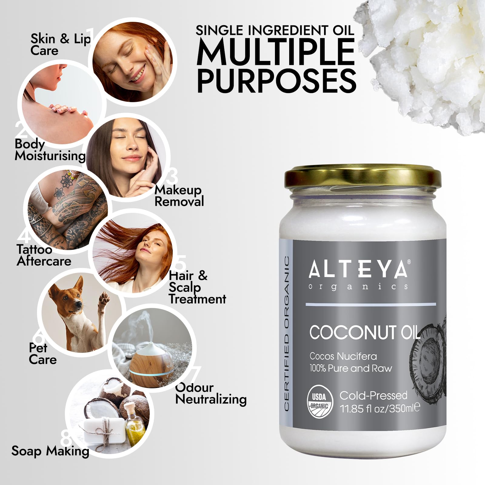 Alteya Aceite de Coco Crudo Virgen Extra Ecológico 350 ml - Aceite de coco 100% orgánico con certificado USDA, Cocos Nucifera puro y natural. País de origen Sri Lanka.