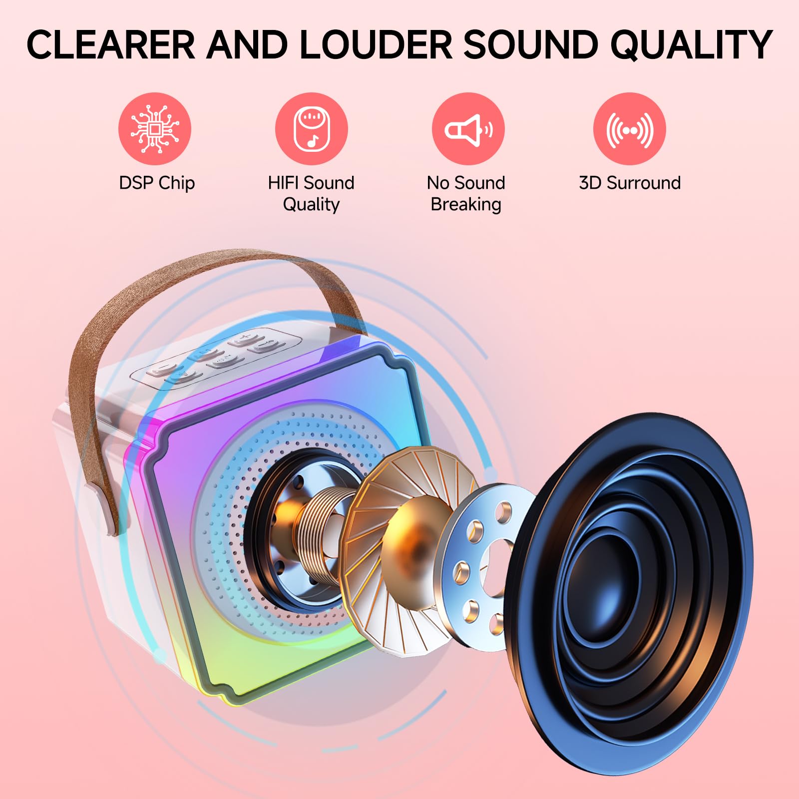 Mini machine de karaoké avec 2 microphones sans fil pour enfants et adultes, machine de karaoké portable avec changeur de voix et lumière LED, cadeau d'anniversaire pour filles et garçons