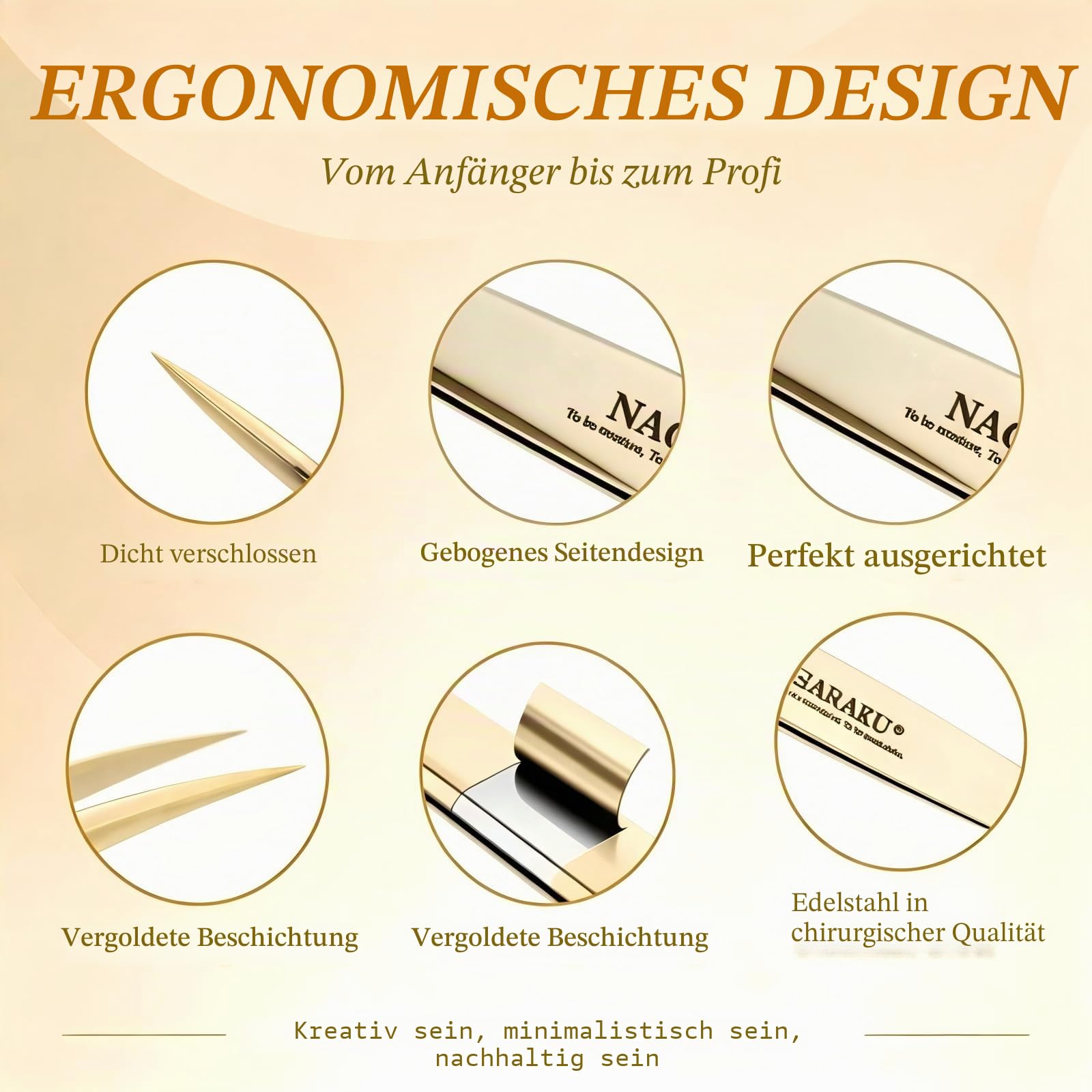 NAGARAKU Wimpernpinzette 5-teiliges Set Professionelle Präzisionspinzette Gerade Gebogene und Volumen Fächer Pinzetten Gold Edelstahl Präzise Schließung Leicht Dünn mit Spitze Schutzkappen In Lederbox