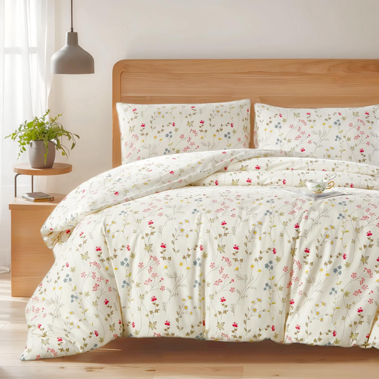 Housse De Couette 200x200 Cm 100% Coton - Motif Fleurs Roses Et Feuilles Vertes Sur Fond Beige - 3 Pièces (Housse + 2 Taies 65x65) - 12