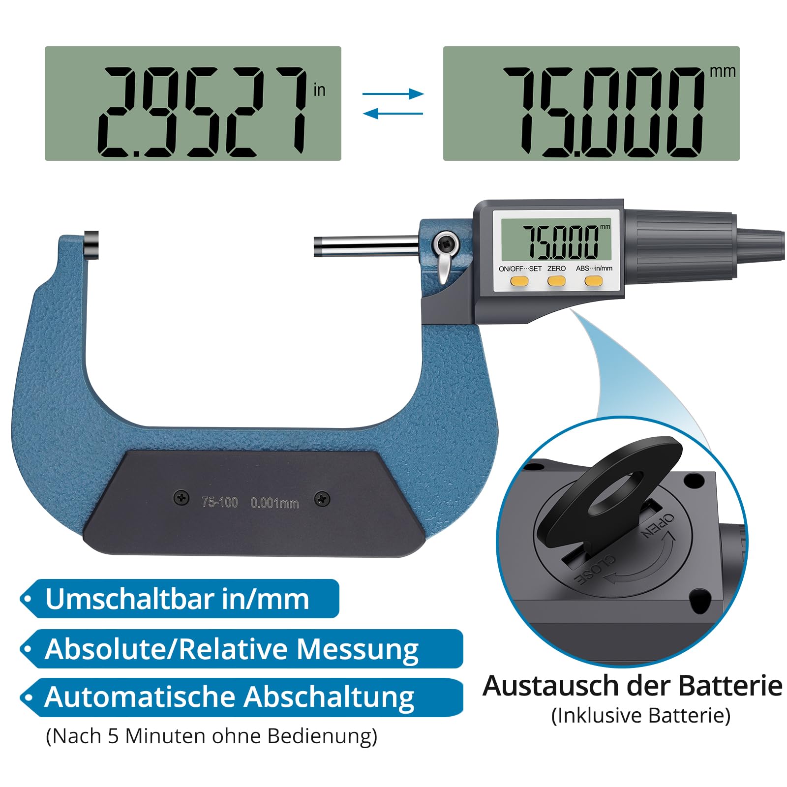 AUTOUTLET Digitale Bügelmessschraube 0-25mm + 75mm-100mm (0.001mm)