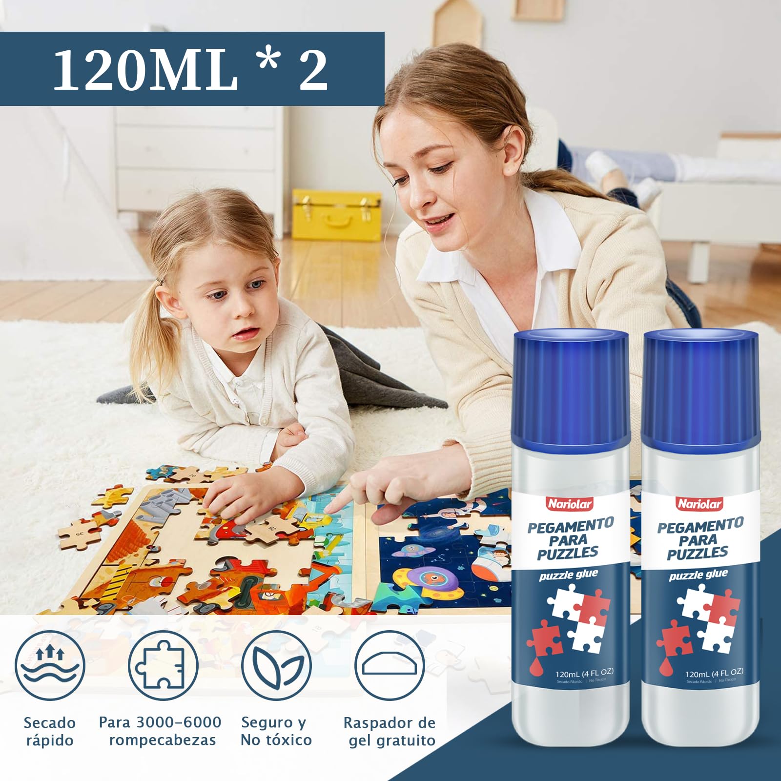 Nariolar Pegamento Puzzle, 2 * 120ml Pegamento para Rompecabezas, con Aplicador y Secado Rápido