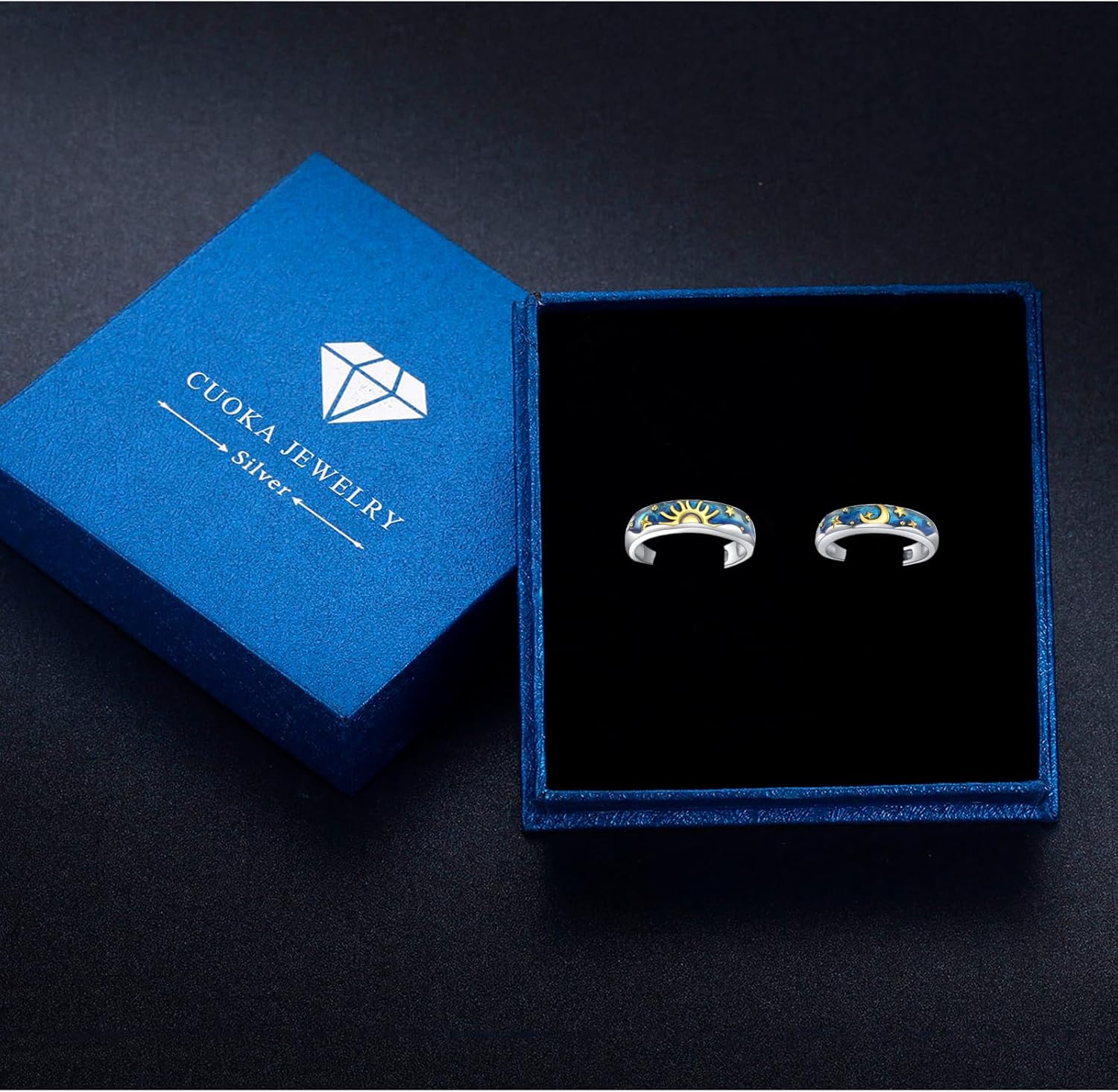 Cuoka Sun and Moon Couple Ring S925 Sterling Silver Sunburst Sunrise Crescent Moon Couples Matching Rings for Him Her Women Men Lover Promise Engagement Gift Jewelry 2 Set