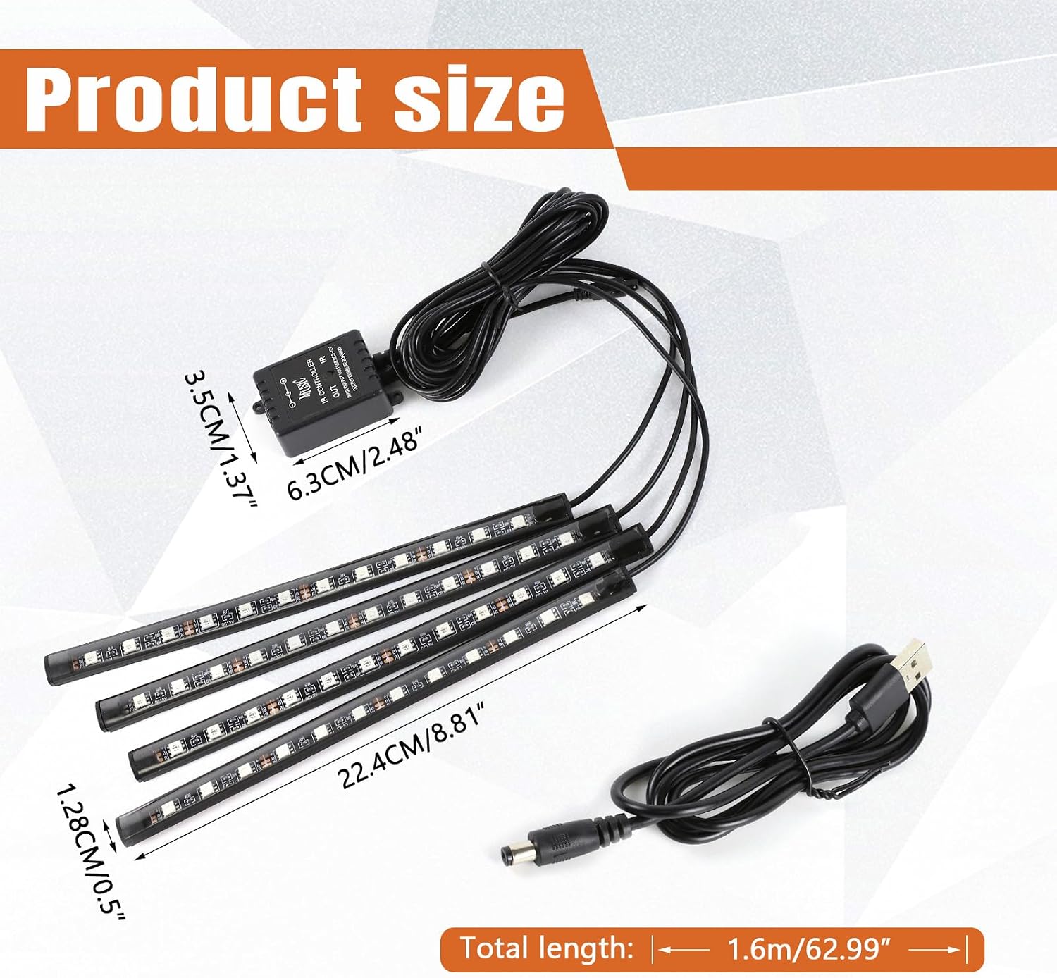 Wuyaoyao Car LED Interior Light, 48 LED Lights Multicolor Music Car Strip Light, Car Strip Light with Sound Active Function and Remote Control, Under Dash Lighting Kit (USB+Remote)