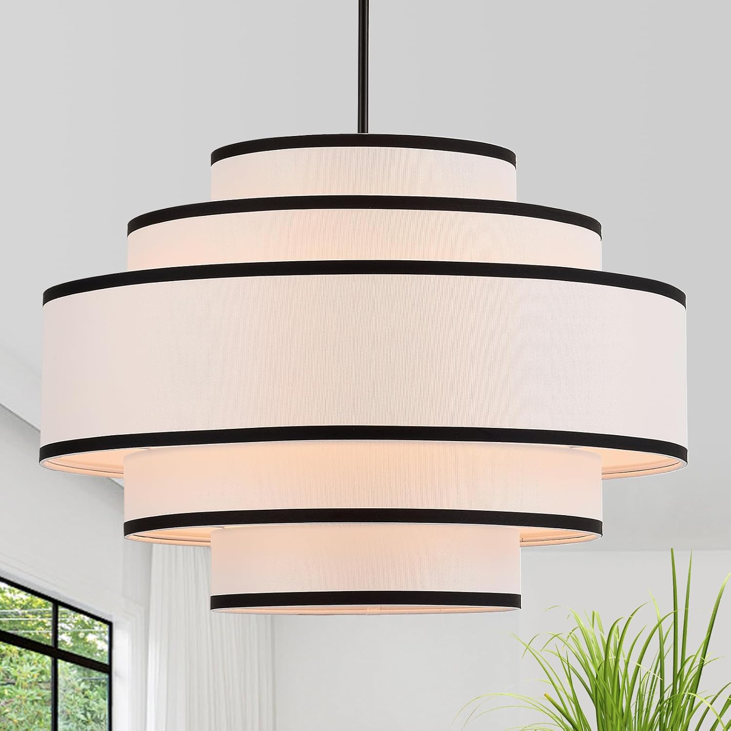25.6" Black Drum Chandelier with White Linen Lampshade 6-Light Modern Farmhouse Chandelier Light Fixture for Living Room, Dining Room, Kitchen Island, Entryway, Stairway Black-25.6"