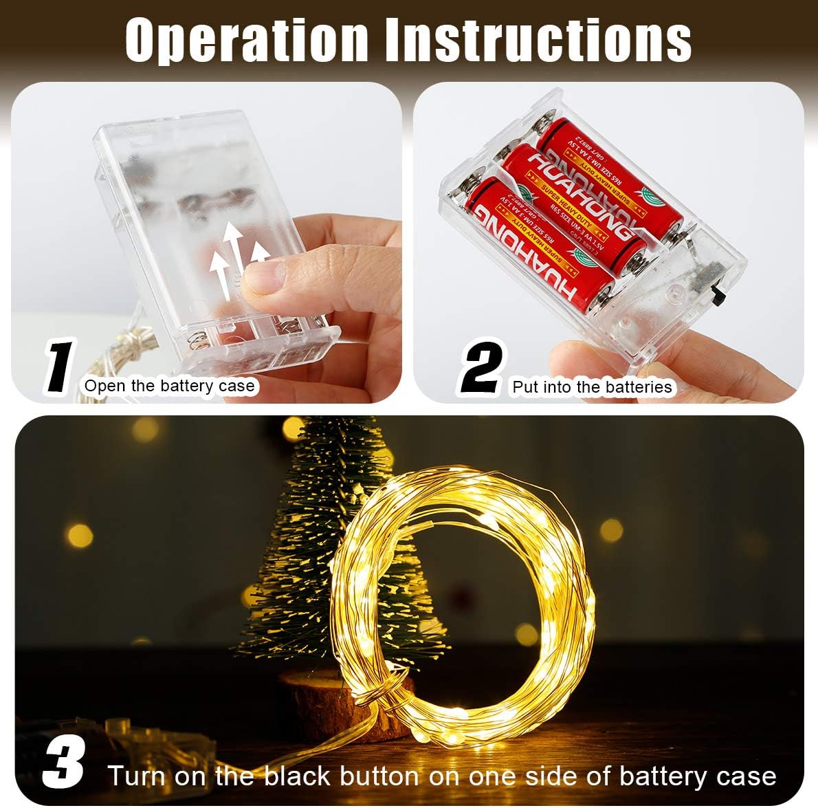 Christmas String Lights 33 Ft 100 Led Fairy String Lights Battery Operated, Outdoor and Indoor Decorative Copper String Lights Wire Lights for Bedroom, Patio, Curtain, Tree, Party, Holiday Decor