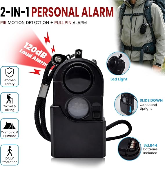 2 Paketleri 120DB Taşınabilir Mini Hareket Dedektörü Alarm Siren Anahtarlık & LED Işık ve Pil, Ev Otel Kapı Odası Güvenlik