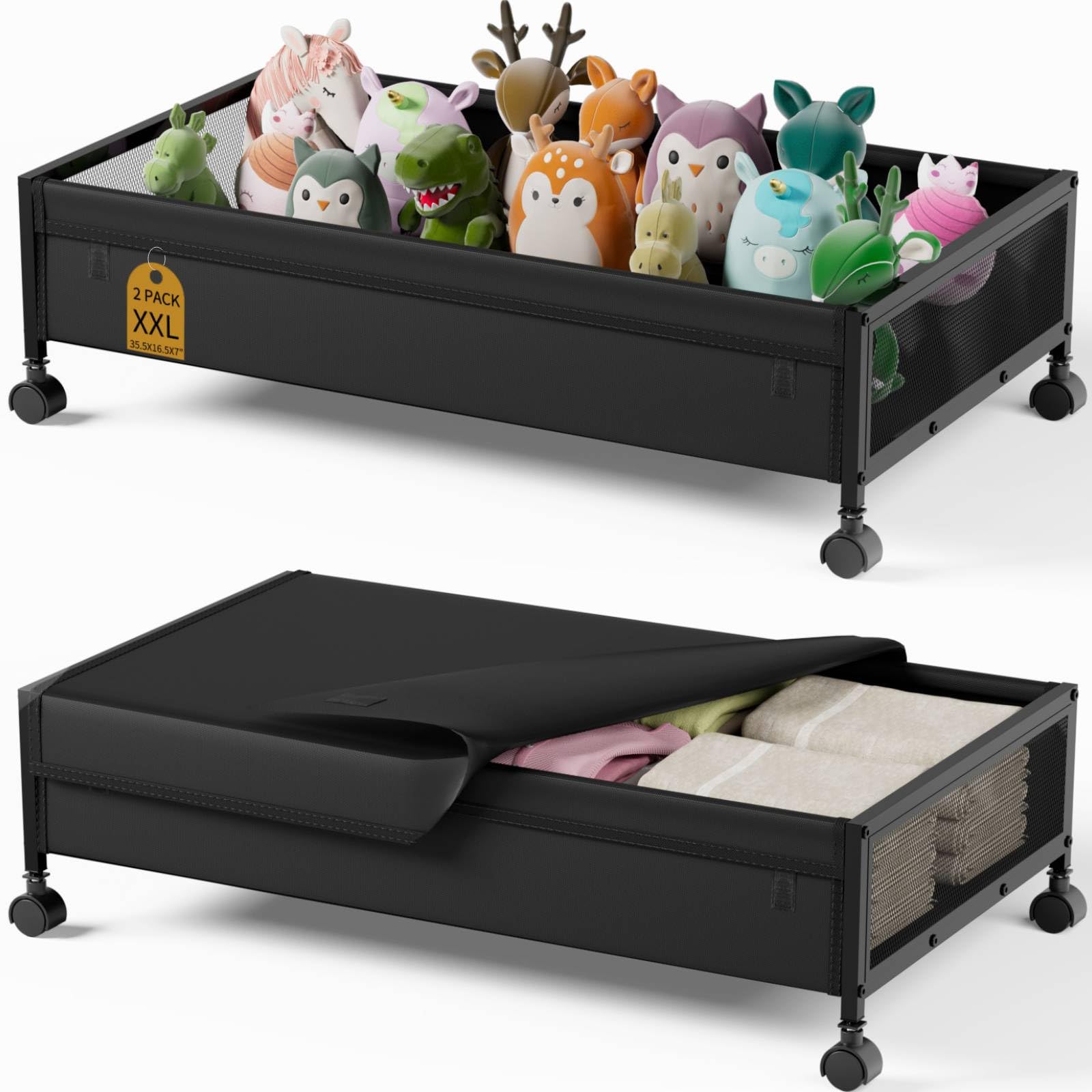 UNIWA Under Bed Storage Containers with Wheels Pro(XXL), Upgrade Mental Tube Frame Under Bed Stroage Bin, Enlarged Version Under the Bed Rolling Storage with Detachable Dust Cover for Shoes,Cloths, Toys, Book (35.43X16.53X7.48)