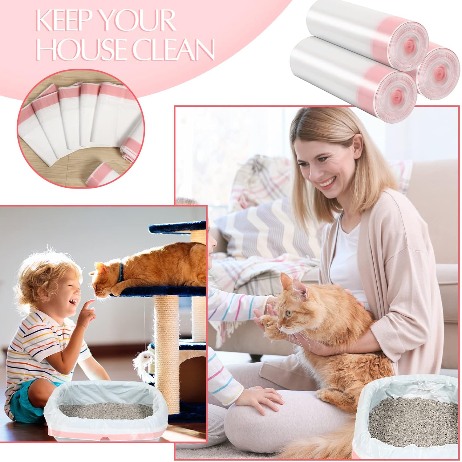 Sabary 30 Cat Litter Box Bags Jumbo Kitty Pan Liners with Drawstring Sturdy Hdpe Material for Cat Pet Waste Litter Box Tray, Pink (31 x 18 Inch)