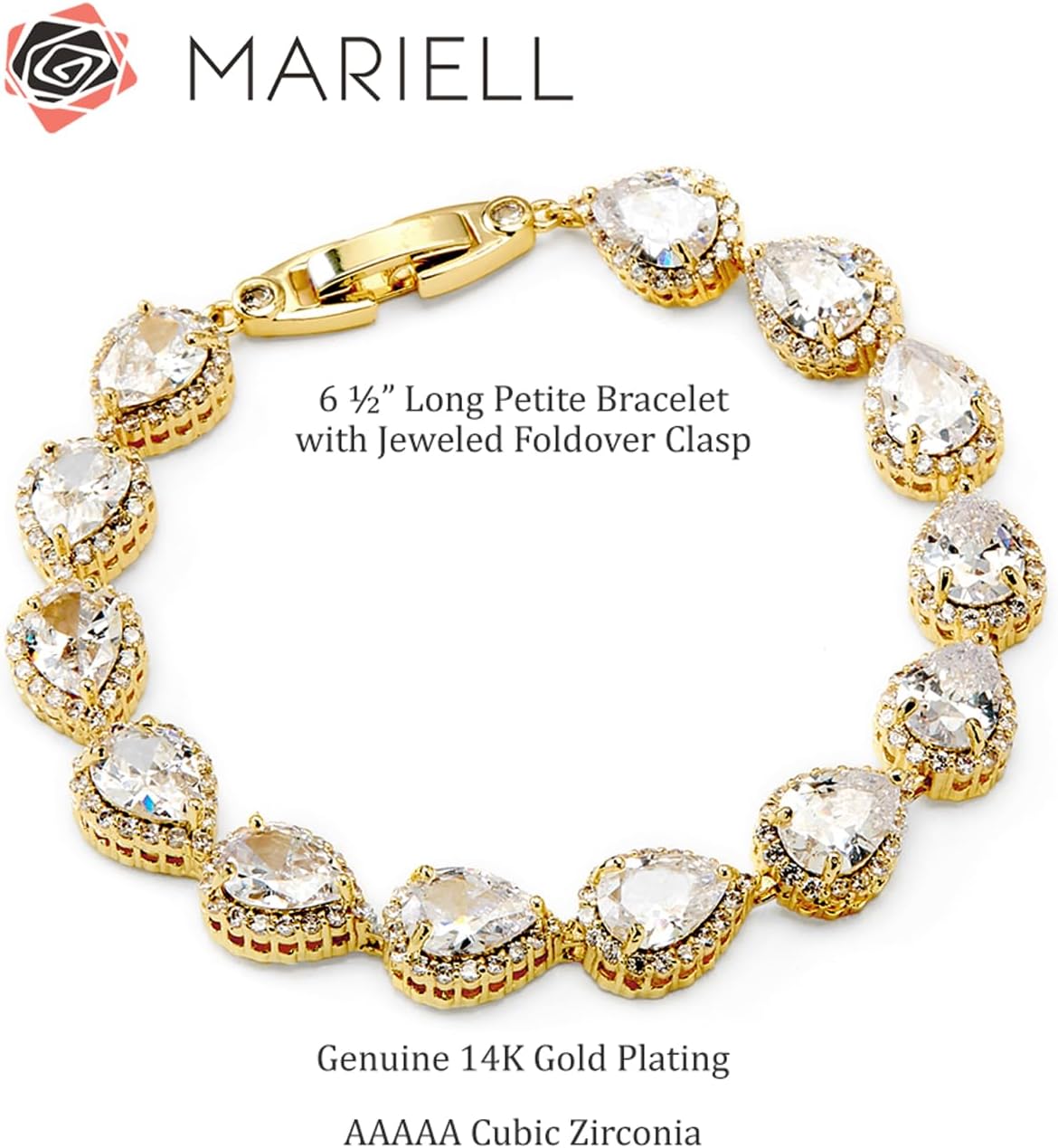 Mariell 6 1/2" Gold Cubic Zirconia Crystal Wedding and Bridal Tennis Bracelet with Bold Pear Shape CZ, Petite Size for Smaller Wrist