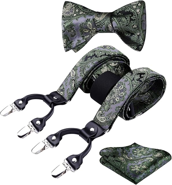 HISDERN Mens Paisley Y Shape Braces with Very Strong 6 Clips trousers Heavy-Duty Adjustable and Elastic Suspenders Bowtie and Pocket Square Set One Size Fits All