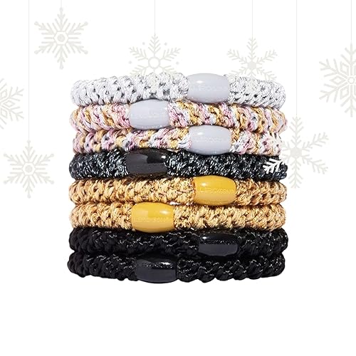 Vista 57 de Lazos dorados para cabello grueso, soportes para cola de caballo Grab & Go, paquete de 8, beige metálico, bandas gruesas sin arrugas con fuerte