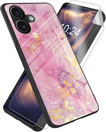 for iPhone 17 Case, Gold and Pink Marble High-Definition Painted Glass Back Cover with Soft Silicone TPU Bumper, Shockproof Protective for iPhone 17 Phone Case