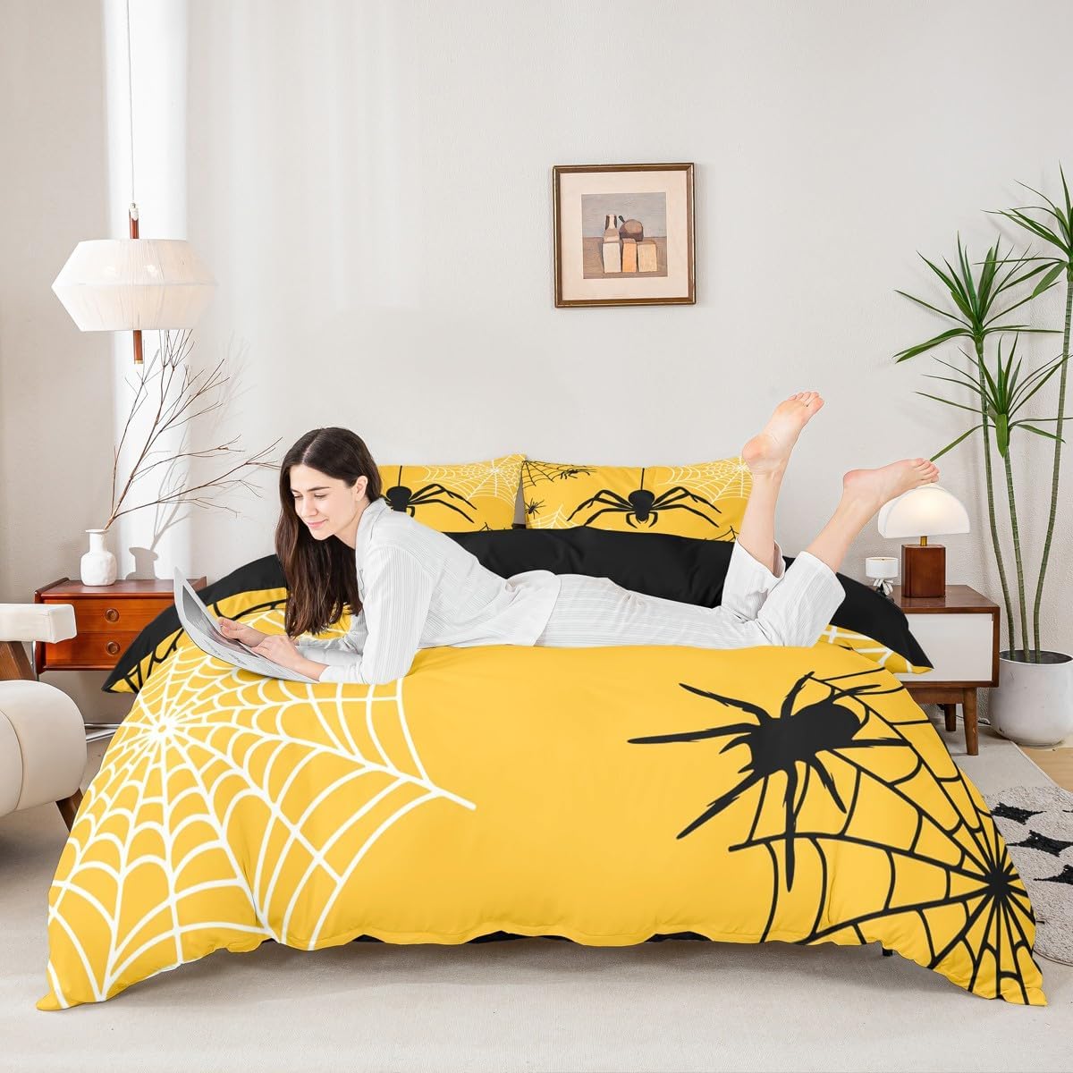 Castle Fairy Happy Halloween Bedding Set Toddler Size 2 Pcs,Spider Silhouette Wild Animals Duvet Cover for Kids Teens Adults,Black White Spider Web Grid Comforter Cover with 1 Pillowcase,No Comforter
