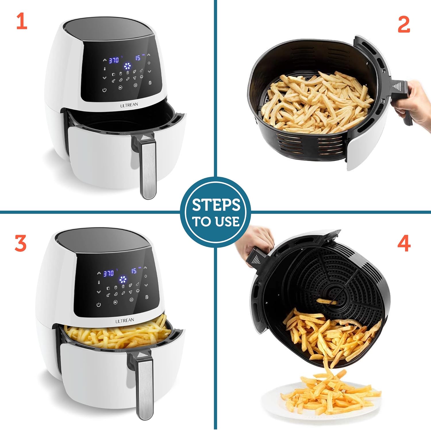 Four-step visual guide for using the ULTREAN Air Fryer: 1. Pull out basket, 2. Place food in basket, 3. Insert basket, 4. Serve food