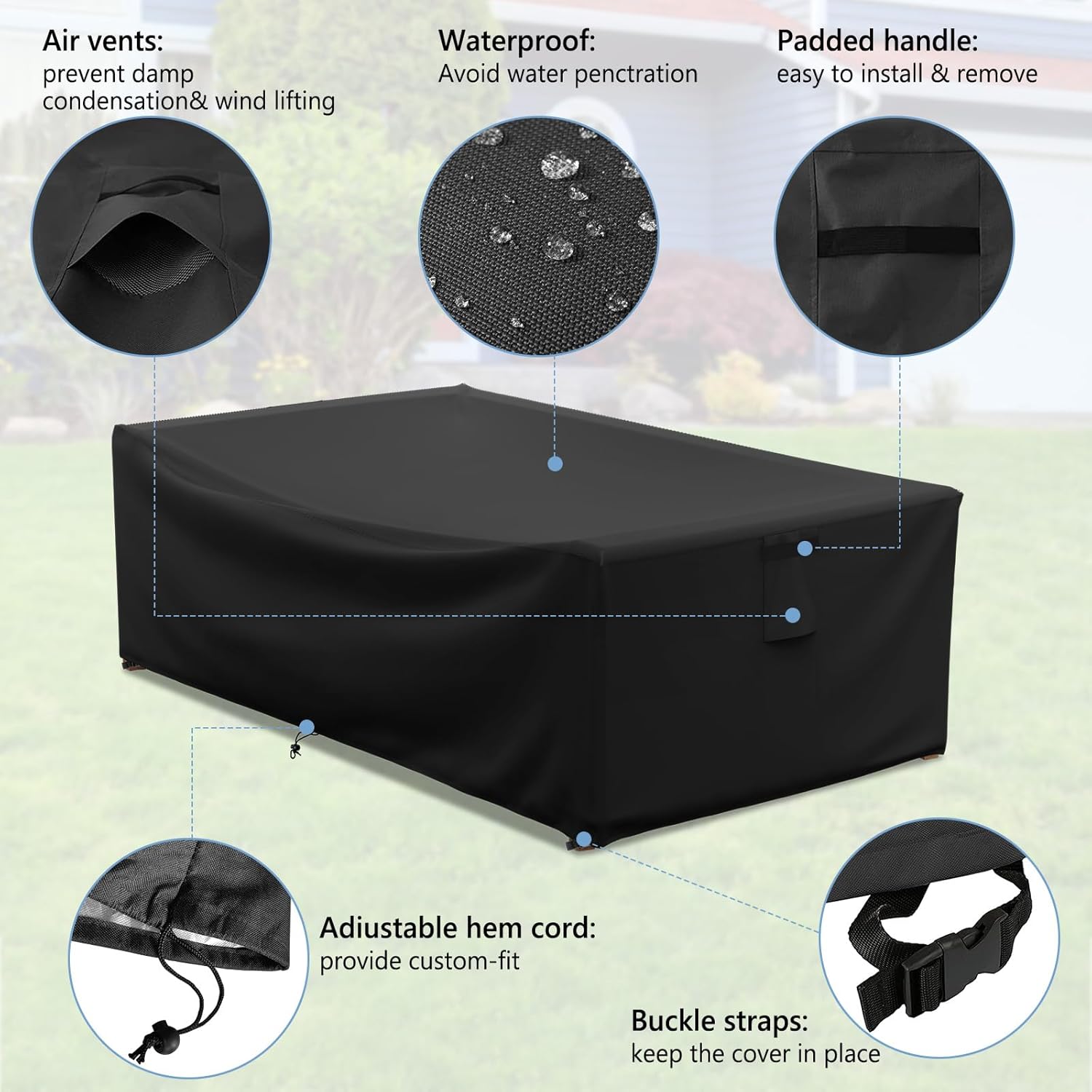 AKEfit Patio Furniture Covers,500D Heavy Duty Waterproof for Outdoor Square and Retangle Patio Table and Chair Covers,Black-126"L x 63"W x 29"H
