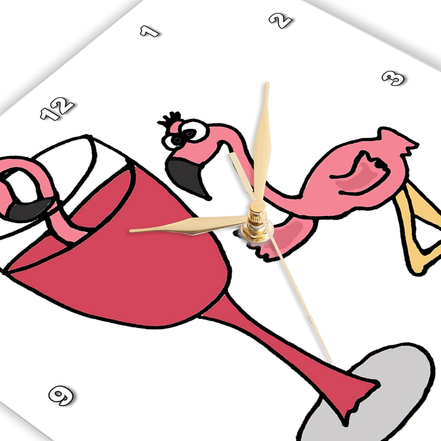 3dRose Wall Clock Silent - 15 inch - Funny Pink Flamingo Next to Red Wine Glass - Birds
