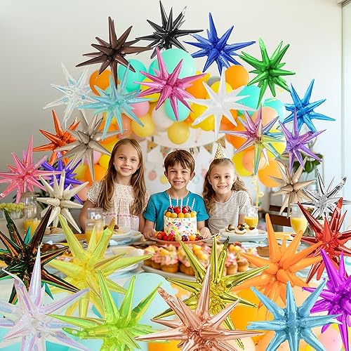 Miniatura 7 de Globo 4D de una pieza con forma de cono de estrella de 14 puntos metálicos, 6 globos mágicos de fuegos artificiales de 22 pulgadas para Navidad,