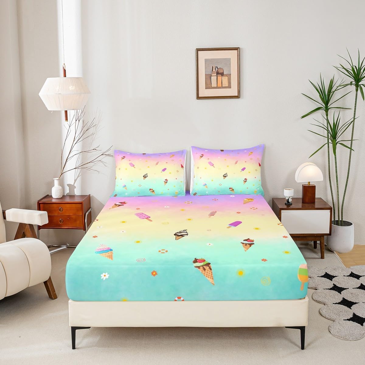 Ice Cream Fitted Sheet Full Size,Cone Donut Bedding Set 3pcs for Kids Teens Girls Boys Room Decor,Delicious Food Bed Cover Watercolor Bed Sheet Set with 2 Pillowcases