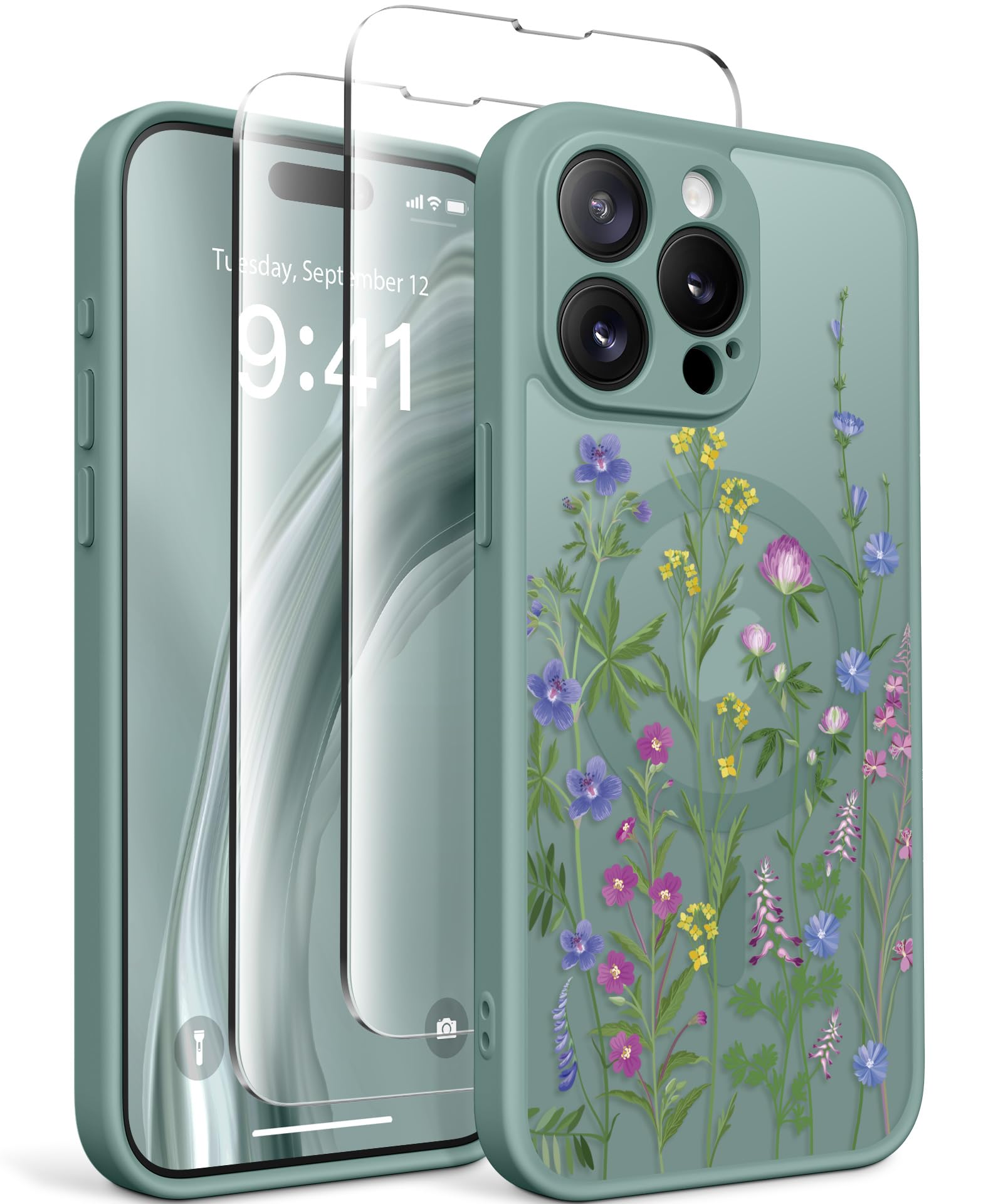 GVIEWIN for iPhone 15 Pro Max Case Compatible with MagSafe, [Military Grade Protection] [2X Screen Protector] Full Camera Protection Floral Translucent Women Magnetic Phone Case, Arab Speedwell