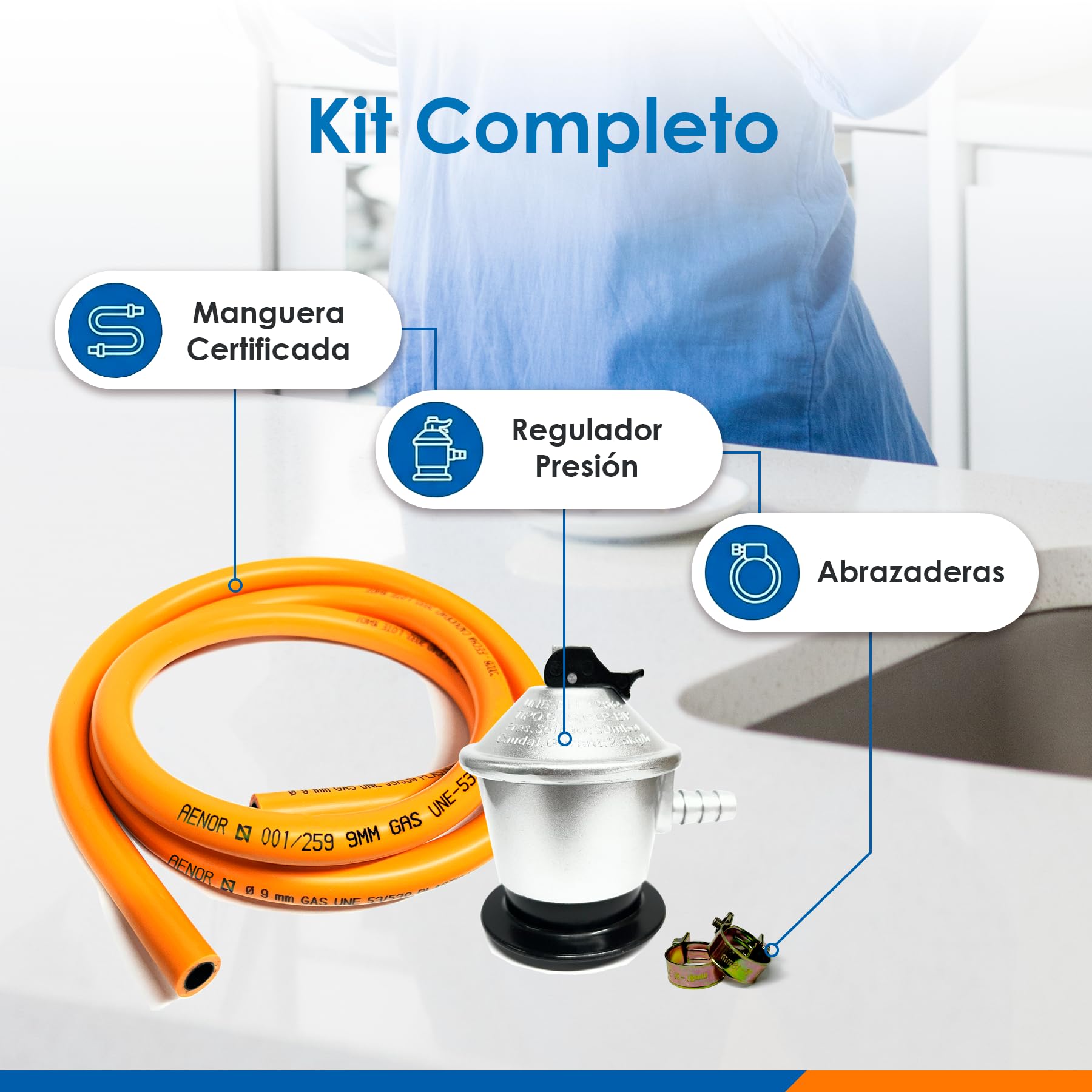 Kit Regulador Gas Butano 30 mbar Homologado + Manguera 1,5 m / 3 m / 5 m y Abrazaderas – Regulador para Bombonas de Gas en Cocinas, Camping, Hornillos, Barbacoas y Paelleros (DOBLE XXL - 3,0 m) — view 2