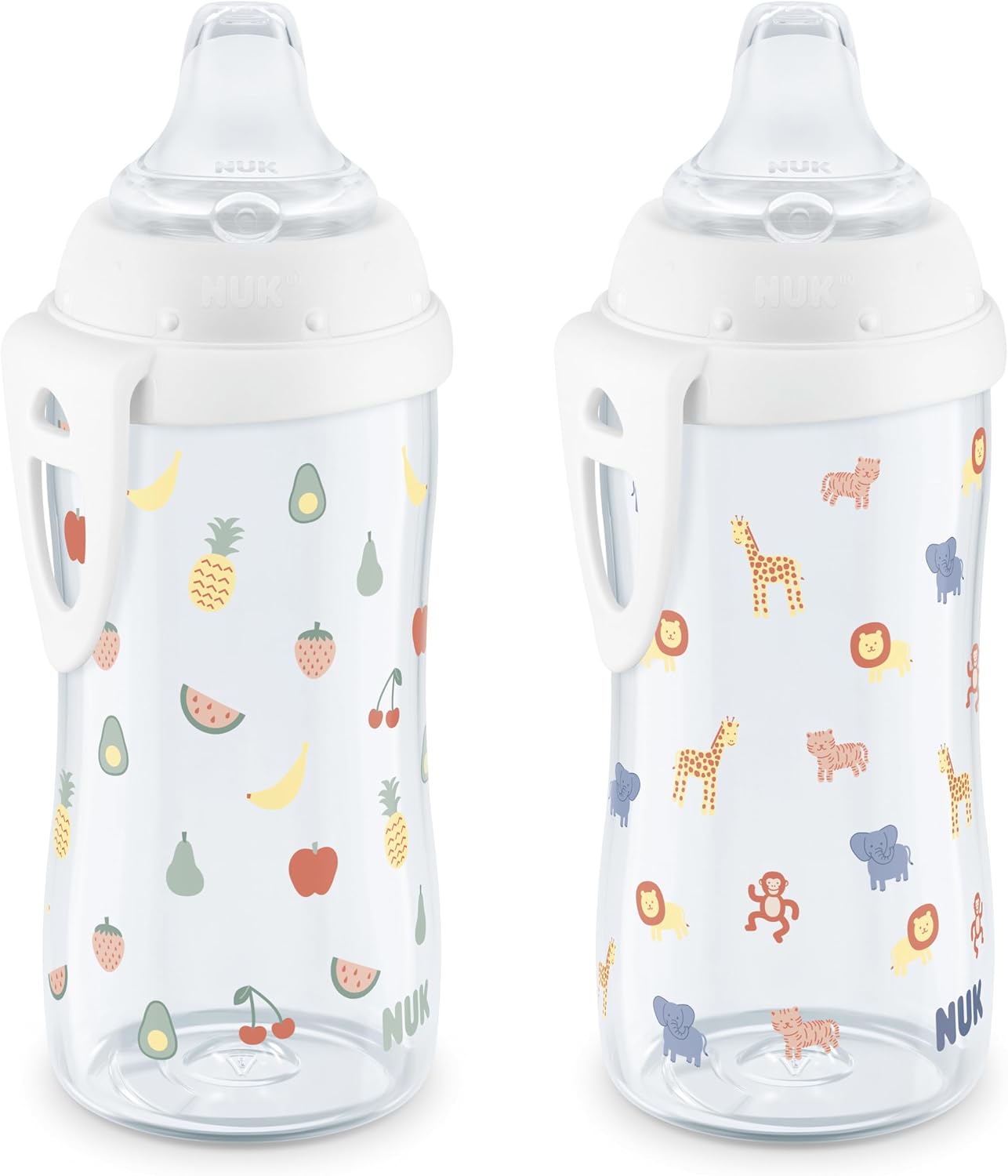 NUK Active Cup, Fun Fruits and Animals, Amazon Exclusive Collection, 10 Oz, Pack of 2 – BPA Free, Spill Proof Transition Sippy Cup