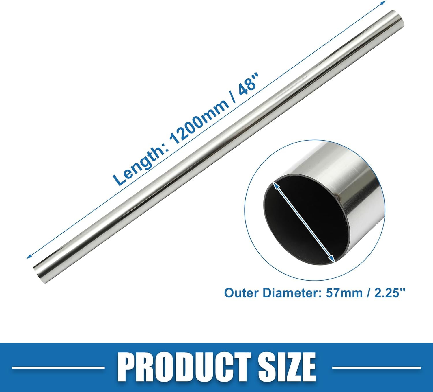Car Mandrel Exhaust Pipe Tube Durable 48" Length 2.25'' OD Straight Exhaust Tube DIY Custom 0 Degree Modified Piping T304 Stainless Steel (Set of 2)