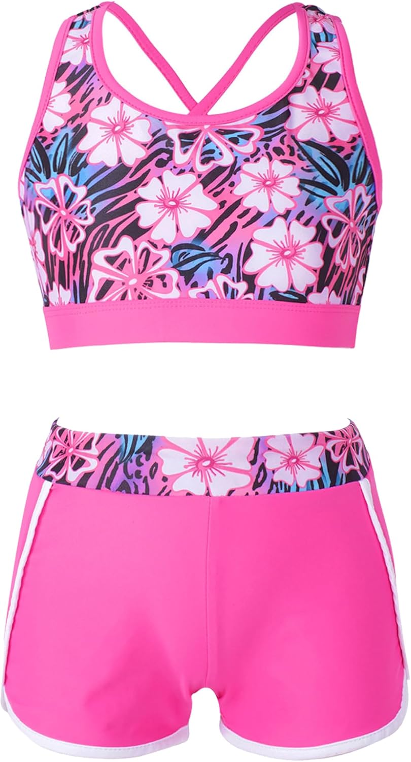 Hansber Two Piece Swimsuit for Kids Girls Flower Printed Swim Top with Shorts Rash Guard Swimwear Set