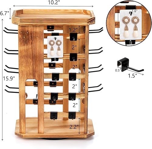 Miniatura 2 de Lawei Estante de exhibición giratorio de madera para joyas con 36 ganchos, 360 soportes giratorios para almacenamiento de tarjetas de pendientes,