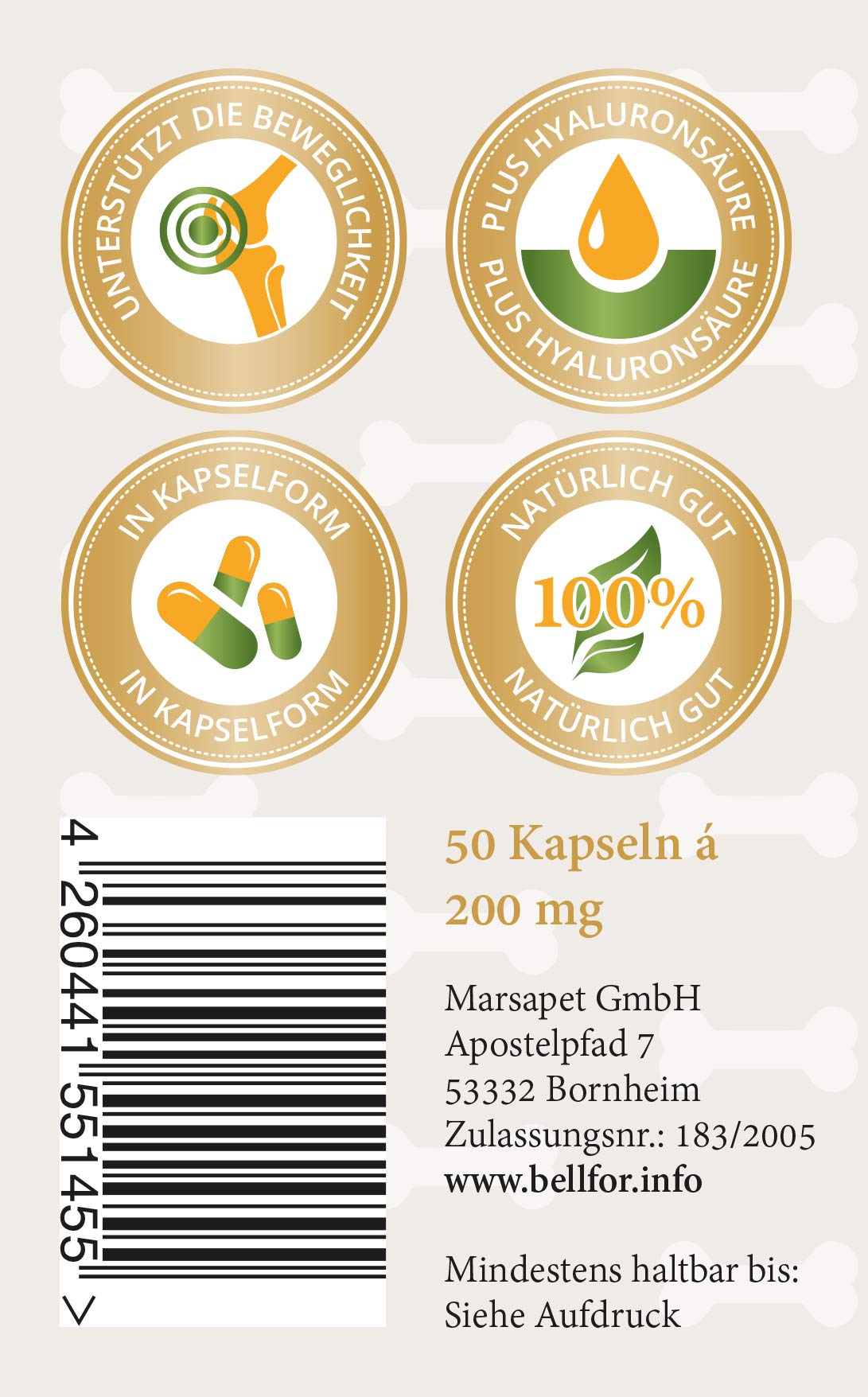 Bellfor Gelenke & Knochen Kapseln, Ergänzungsfuttermittel für Hunde, 50 Kapseln mit Ovopet, Kollagen und Hyaluronsäure, Unterstützung von Gelenkfunktion und Knochen, für jedes Alter