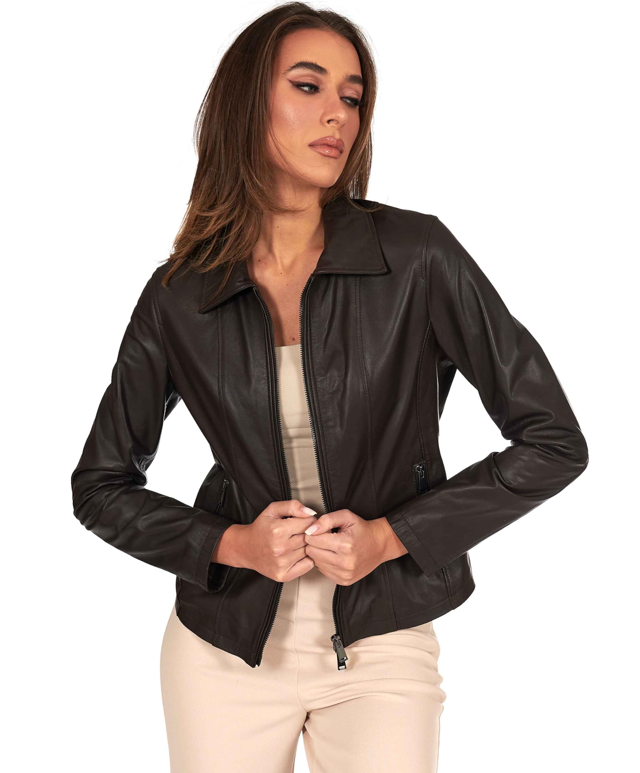 D'Arienzo Giacca Donna Marrone Giubbotto Collo Camicia Moto Vera Pelle Made in Italy Vale Cam
