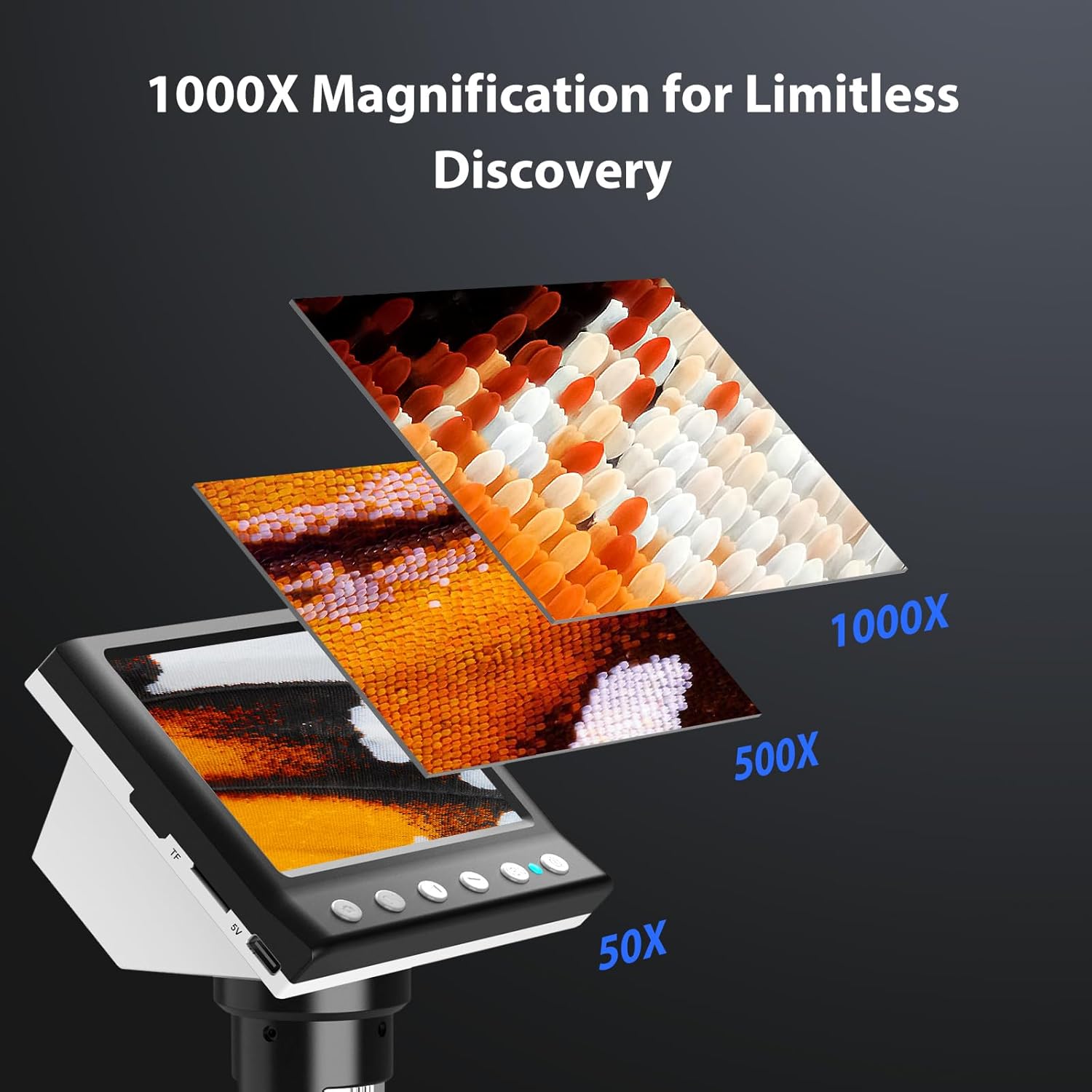 Graphic illustrating 50X, 500X, and 1000X magnification levels on the Hayve DM7 Digital Microscope screen, showing increasing detail of a butterfly wing.