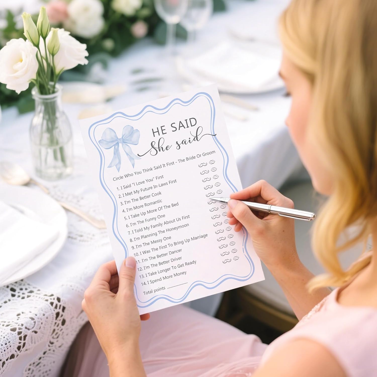 30 PCS Blue Bow Theme Bridal Shower Games, He Said She Said Wedding Shower Game for Newlyweds, Engagement Bachelorette Party Games for Bride Broom-A09