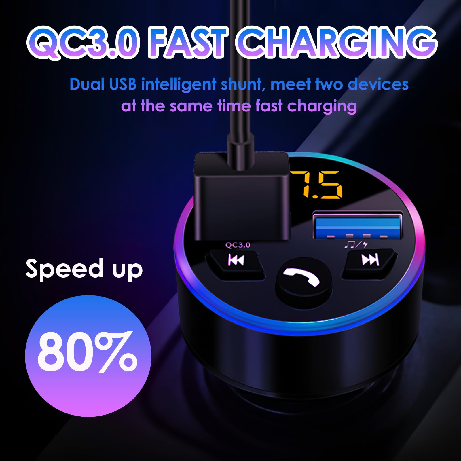 Carro Auxiliar Transmisor FM Bluetooth Para Coche, LTZGO Adaptador Bluetooth Coche 2 Interfaz USB (5V/3.1A & 1A Aux Bluetooth Coche