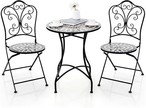 Giantex Juego de 2 mesas y sillas de bistró, mesa de patio de mosaico de 3 piezas con sillas plegables, marco de acero, juego de muebles de patio