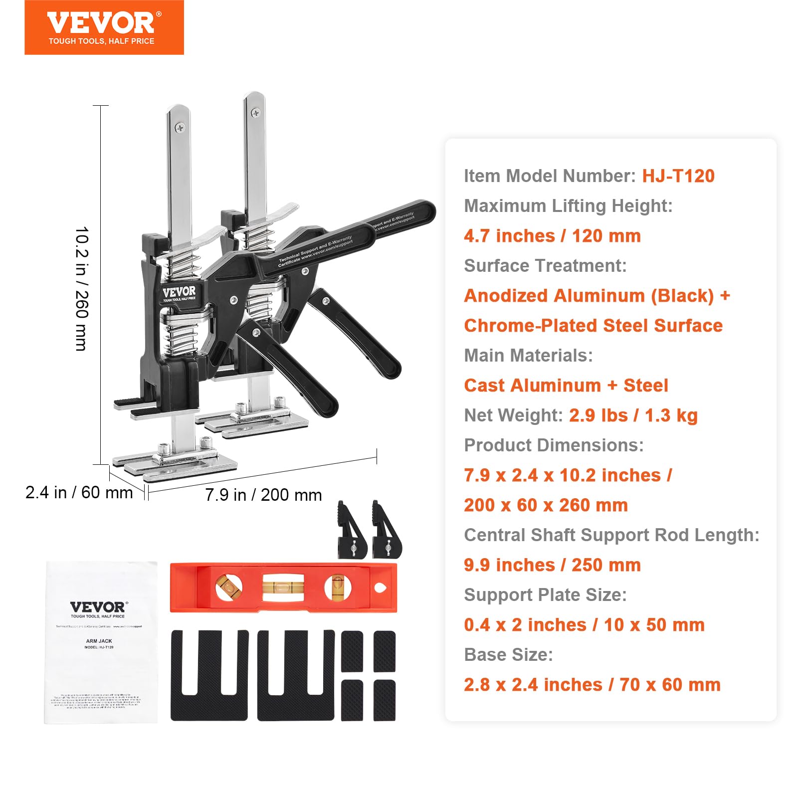VEVOR Arm Handwerkzeug Arbeitssparender Heber 120 mm Hubhöhe 2 Stk. Handhebewerkzeug Keramikfliesen Höhenregler, 200 x 60 x 260 mm Multifunktionale Handhebewerkzeug Handheber Cabinet Handheber