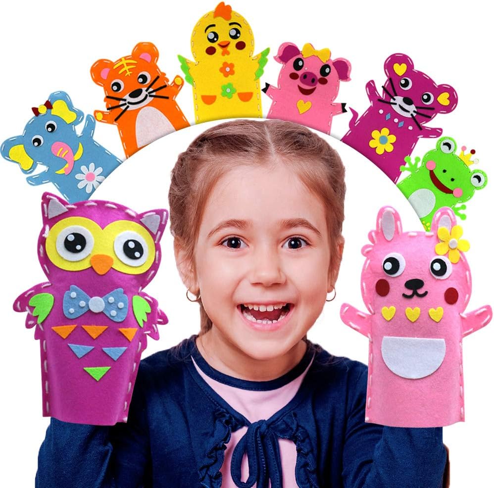Creatoy Animal Hand Puppet Crafts Kit for Kids 8pcs Sewing Kits for Girls 4-9 Felt DIY Sewing Projects Toddler Activities Story Telling Pretend Play Party Favors Toys