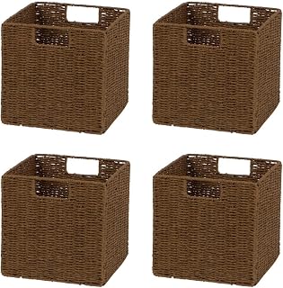 10.5 In Woven Storage Cube Basket Bin With Iron Wire Frame, Set Of 4, Sturdy Organizer Bins For Shelves, Collapsible Baskets For Closet, Bedroom, Living Room Home