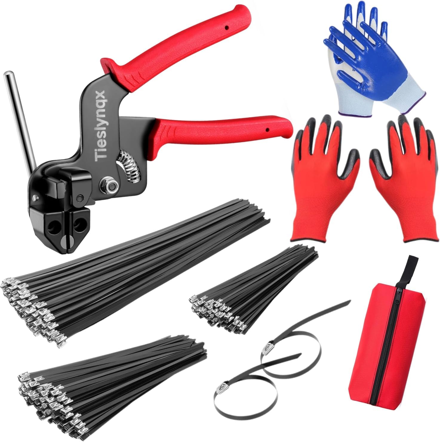 Stainless Steel Cable Tie Gun Set, with 150PCS Black Metal Zip Ties (50 Each of 7.8, 9.8, 11.8 Inch), Adjustable Fastening Cutting Tie Tool Sets for Fencing, Exhaust Pipes, Automotive