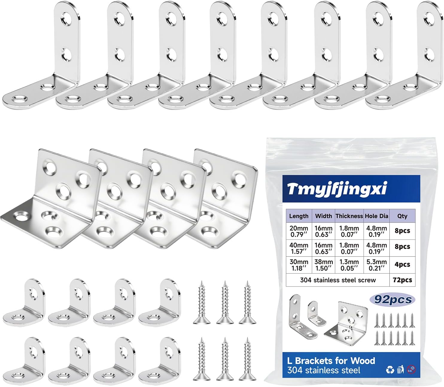 3Sizes Black L Brackets for Shelves L Shelf Bracket Metal Corner Braces for Wood Furniture with 72Pcs Screws (1.5x1.2x1.2inch 1.57x1.57x0.63inch 0.79x0.79x0.63inch) 92Pcs YY026-B