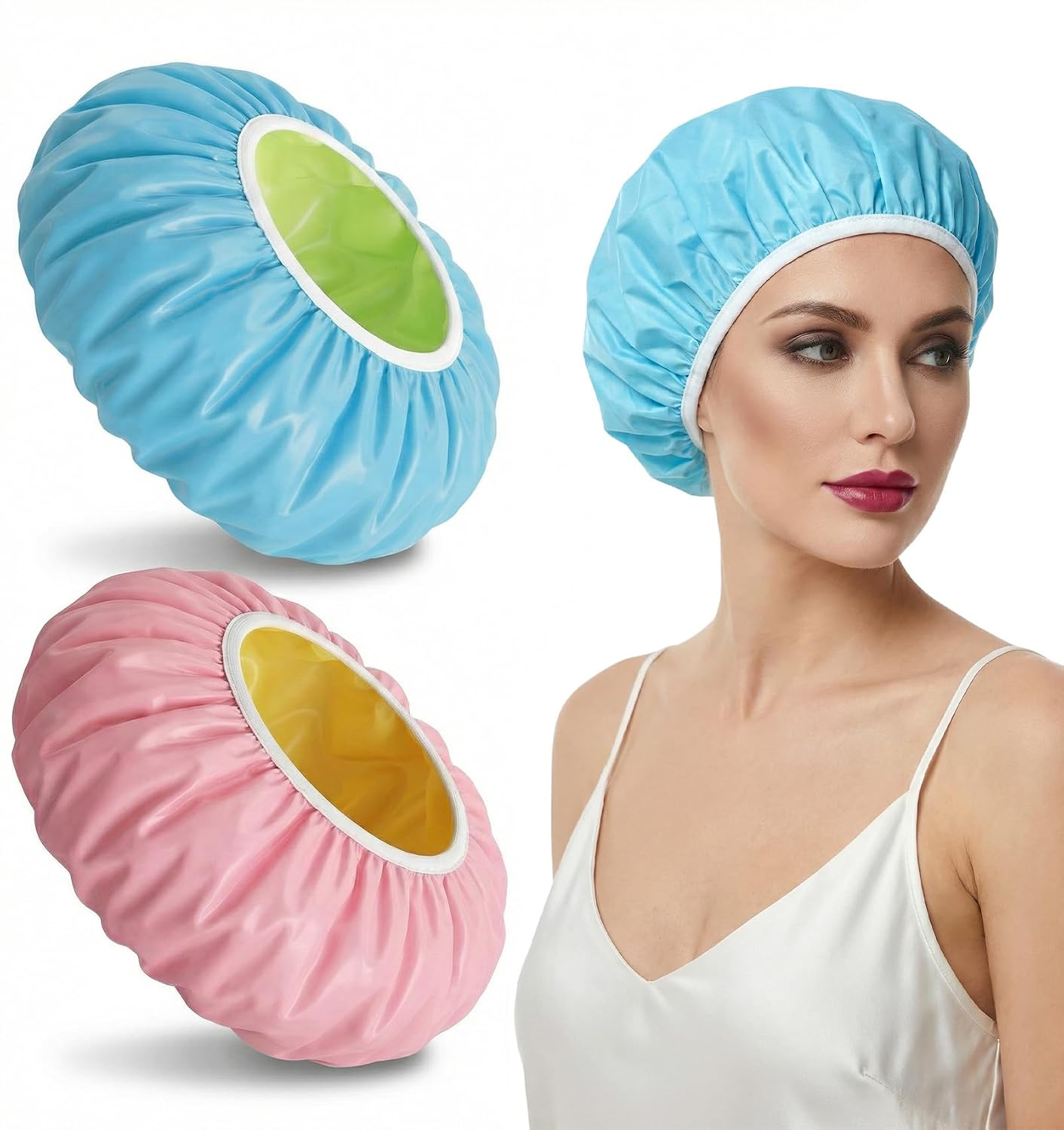2 Pcs Shower Cap Waterproof, Reusable Shower Caps for Women Waterproof Two Layer Large Caps Reusable with Elastic Band for Long, Thick or Curly Hair