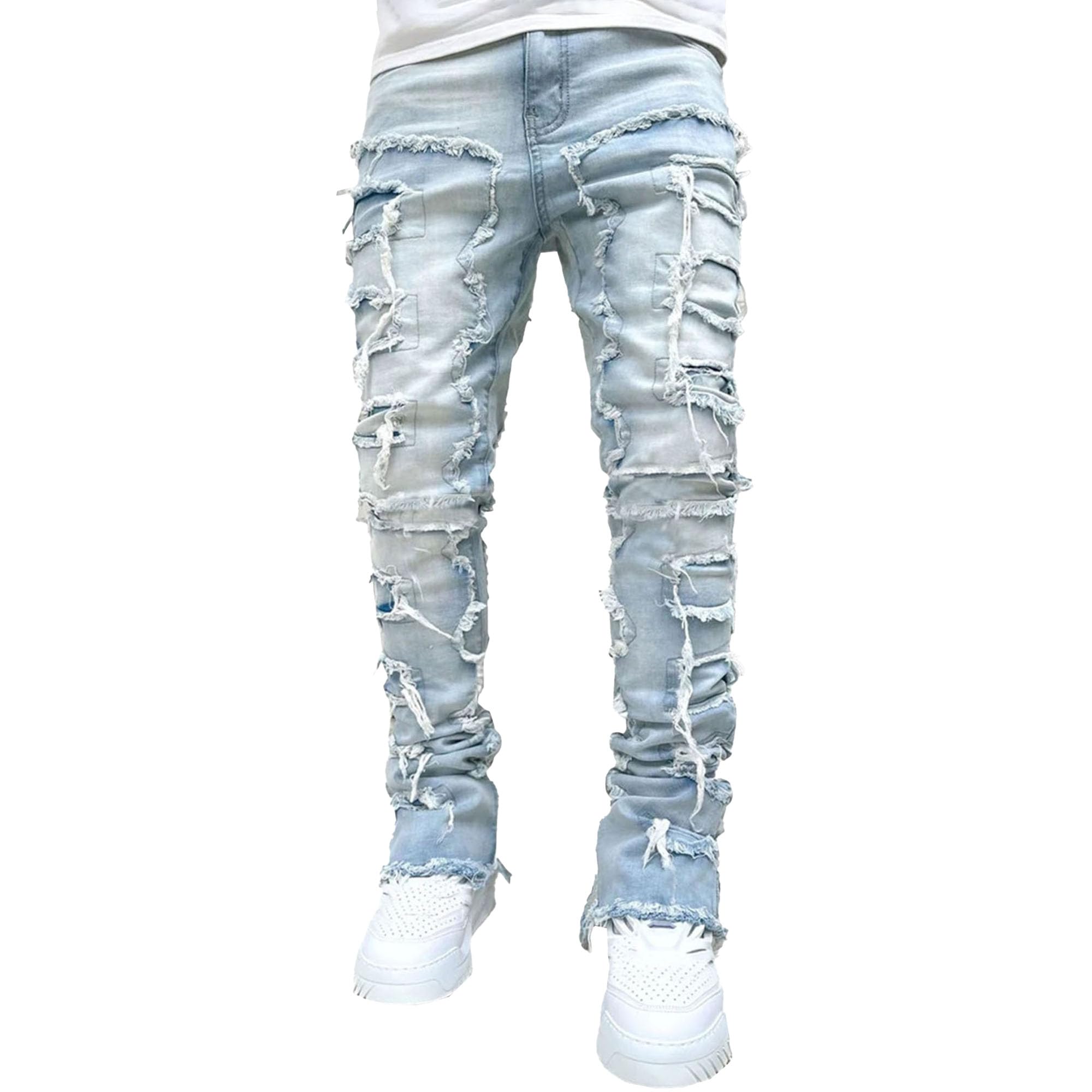 Stretch Stacked Jeans Mens Slim Fit Ripped Patchwork Frayed Straight Leg Denim Pants Distressed Skinny Flared Trousers
