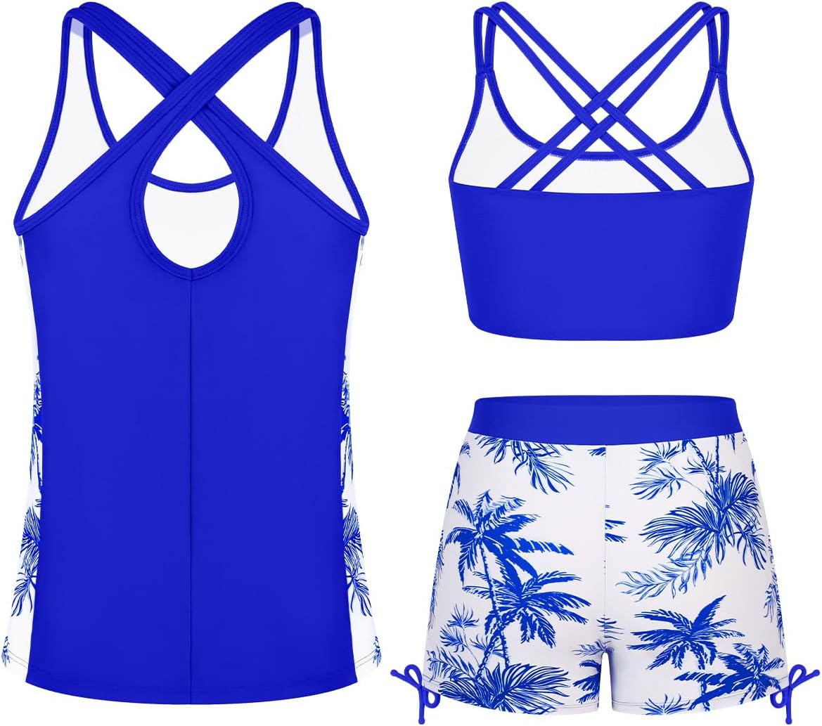 Girls 3 Piece Tankini Swimsuits Bathing Suits Criss-Cross Tank Top with Bikini Shorts Teen Modest Swimwear for 9-16Y