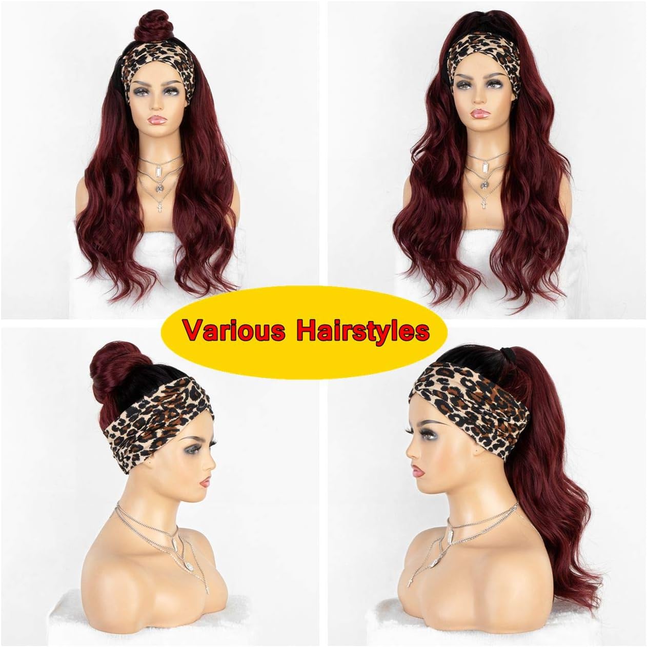Ombre Burgundy Headband Wigs for Women 99j Long Wavy Synthetic Headband Wig with 3 Headbands Full Machine Made None Lace Front Wig - Image 4