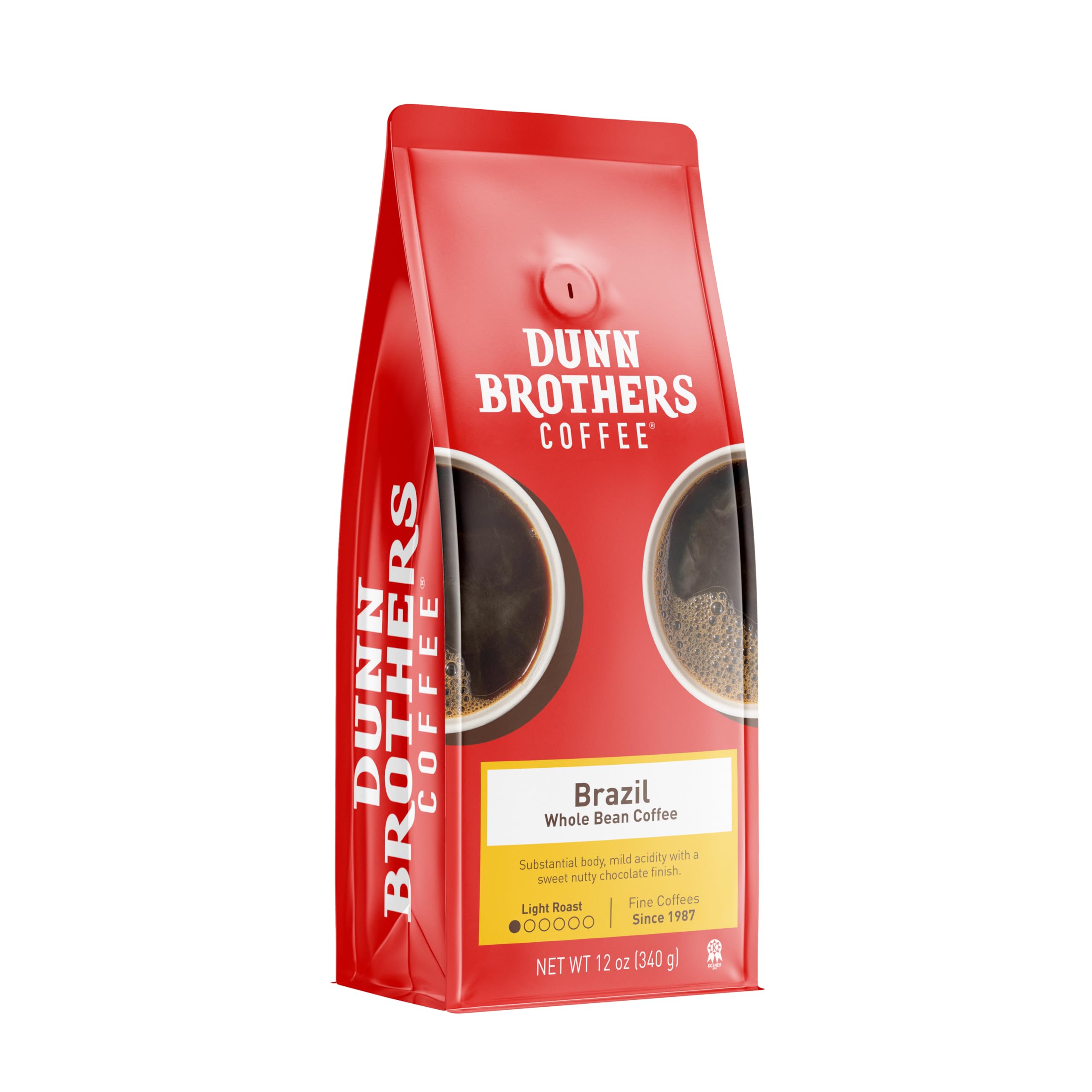 DUNNBrothers Small Batch Gourmet Whole Bean Coffee, Brazil (Light Roast), 12 oz, Single Origin Arabica Coffee